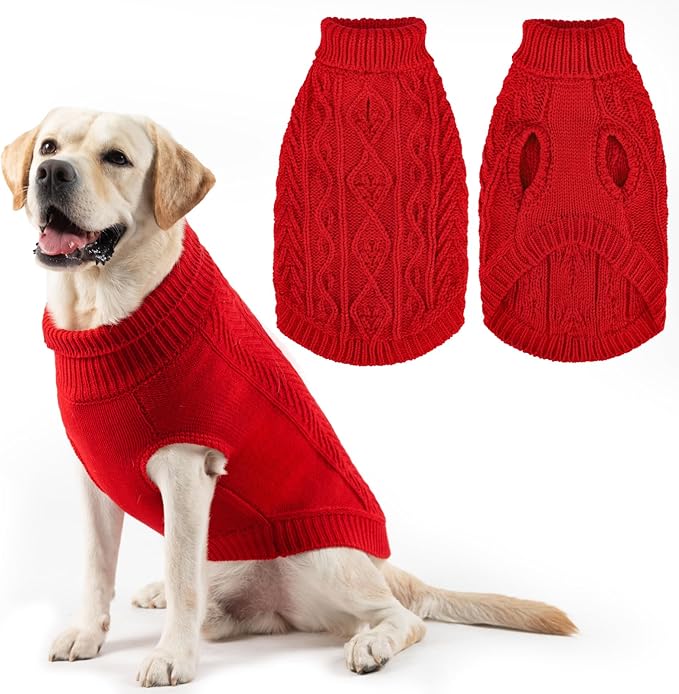 PUPTECK Dog Sweater, Turtleneck Warm Knitted Pullover Coat, Thick Cable Knitwear Clothes in Winter, Pet Apparel Outfits for Large Dogs, for Cold Weather Indoor & Outdoor, Red XL
