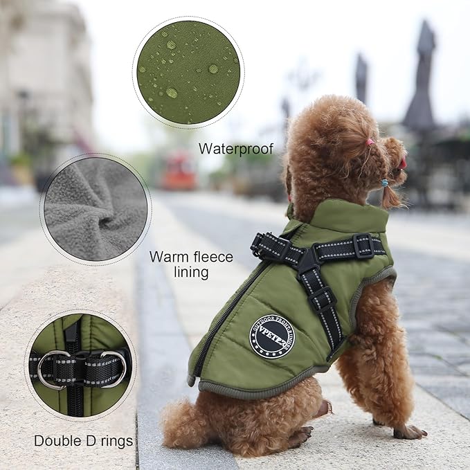 Dog Winter Coat,Warm Jacket Paded Fleece Dog Vest with Built in Harness,Waterproof Windproof Reflective Cozy Adjustable Snow Pet Coat Clothes with Zipper for Small Medium Large Dogs