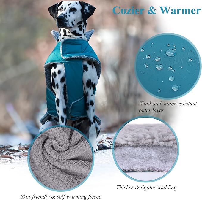 VIVAGLORY Frostfit Dog Coat, Dog Jacket for Winter & Cold Weather, Warm Fluffy Fleece Lined Water Resistant Reflective for Puppy, Coat with Velcro Fastening & Leash Hole, XS, Turquoise