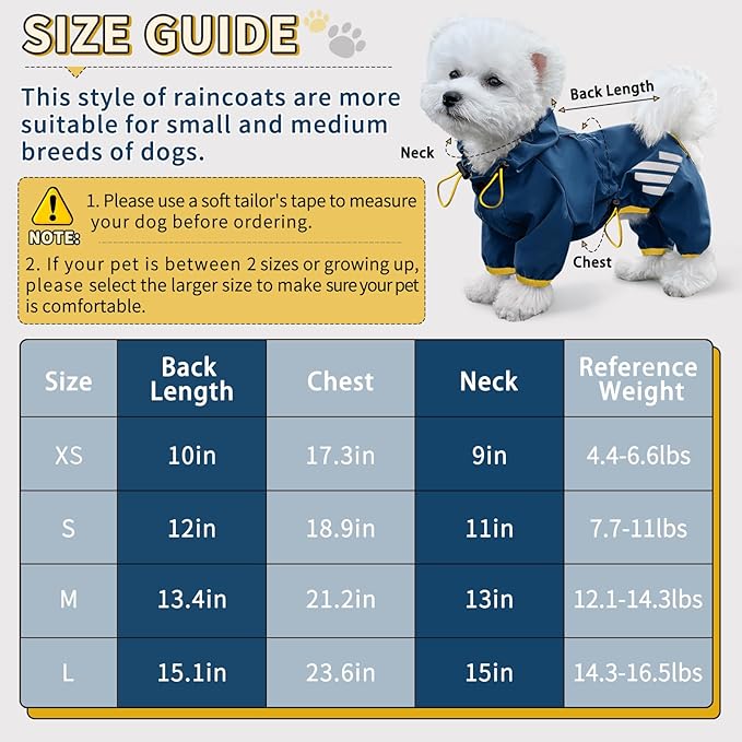 Dog Raincoat, Waterproof Dog Rain Jacket with Hood, Rain Coat with Leash Hole, Reflective Strap for Small Medium Dogs, Lightweight Puppy Clothes(Blue,S)