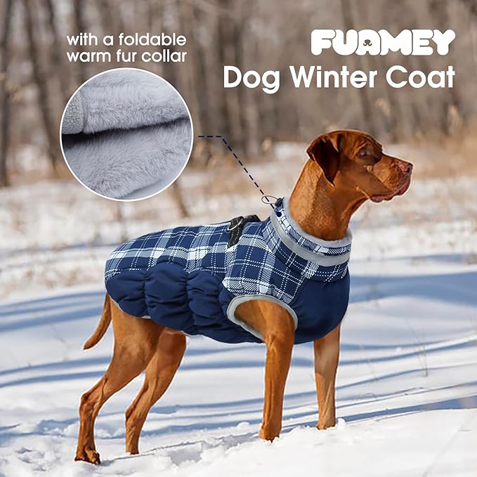 FUAMEY Dog Coat for Small Dogs,Waterproof Dog Winter Jacket with Harness Built in Puppy Cold Weather Coats Reflective Pet Vest with Zipper Warm Fleece Dogs Snowsuit Windproof Blue Plaid S