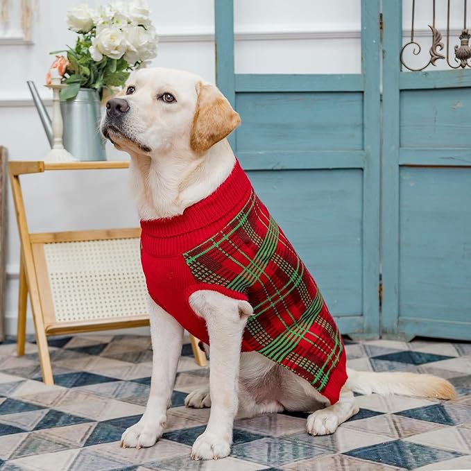 PUPTECK Dog Christmas Sweaters for Large Medium Small Dogs - Fall Outfit Classic Plaid Style Puppy Holiday Winter Coat Clothes Warm