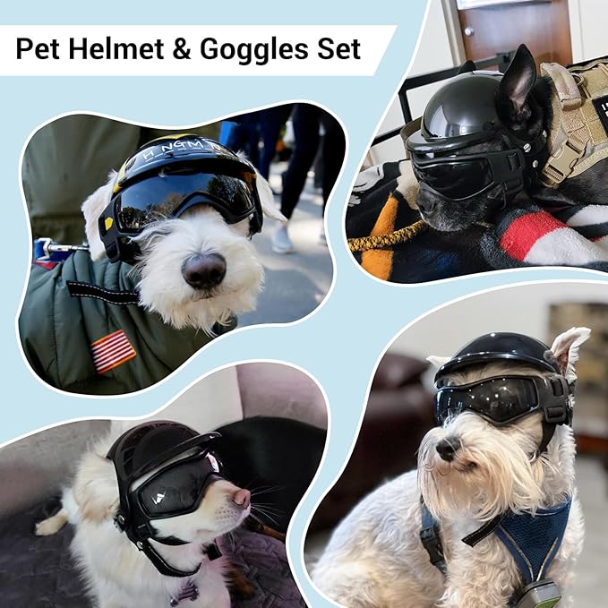 Dog Helmet and Goggles for Small Dogs - Pet Goggles Pet Motorcycle Helmet Hat with Ear Holes Adjustable Straps Safety Helmet for Puppy Riding - Black