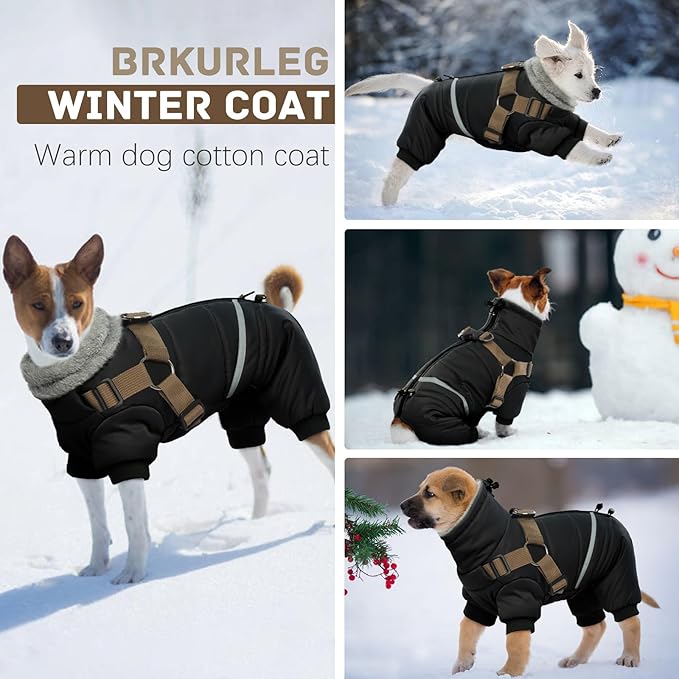 BRKURLEG Black Dog Coat with Harness, Dog Winter Jacket, Dogs Onesie Body Warm Jackets, Small Dogs Winter Coats Reflective Windproof Warm Cold Weather Coats, Pet Waterproof Jacket Hiking S