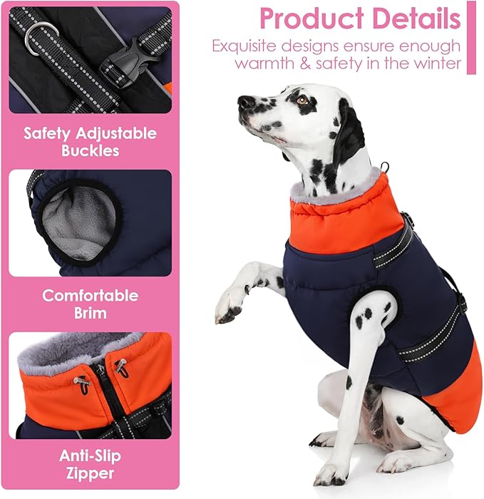 AOFITEE Dog Coat for Large Dogs, Waterproof Dog Winter Jacket with Built in Harness, Warm Turtleneck Cold Weather Coats Large, Reflective Fleece Lined Snow Jacket for French Bulldog, Boston Terrier, L