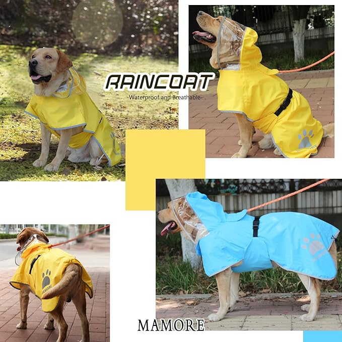 MAMORE Dog Raincoat Hooded Rain Jacket for Small Medium Large Dogs Slicker Poncho Bottom Waterproof Adjustable Reflective Breathable Leash Hole (Yellow, X-Large)