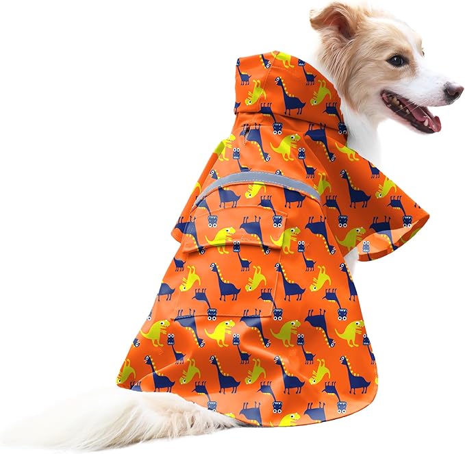 NACOCO Large Dog Raincoat Adjustable - Pet Dinosaurs Water Proof Clothes Lightweight Rain Jacket Poncho Hoodies with Strip Reflective Blue (XXL, Orange Dinosaur)