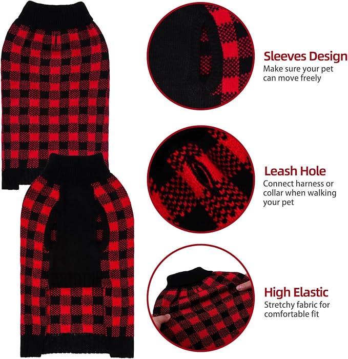 PUPTECK Dog Sweaters for Large Medium Small Dogs - Fall Classic Plaid Style Puppy Holiday Winter Coat Clothes Warm