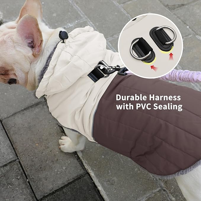 Detachable Hooded Dog Coat with Harness for Large Dogs,Super Warm Fleece Puppy Jacket for Cold Winter Doggie Coats,Brown XXL