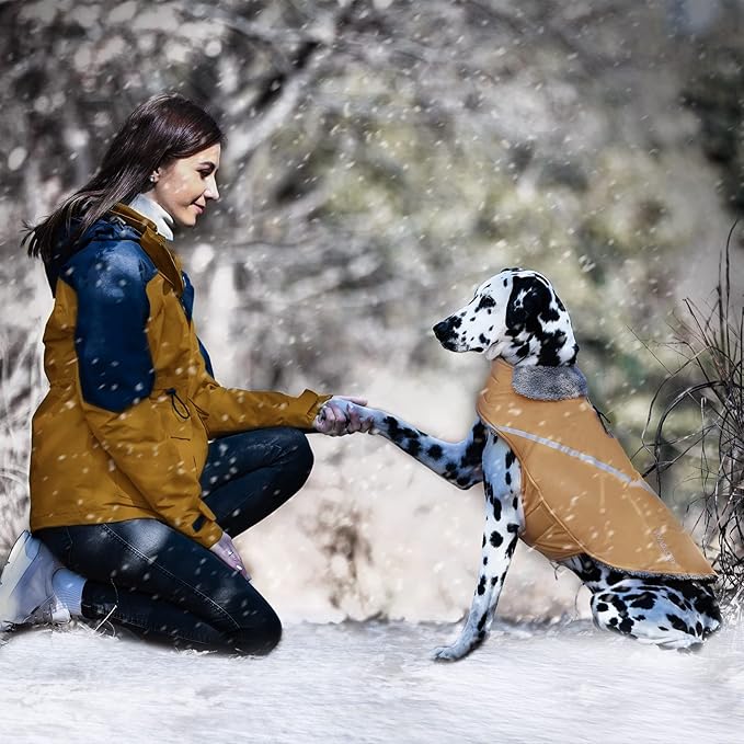 VIVAGLORY Snowrap Dog Coat, Jacket with Harness Hole & Velcro Closure, Dog Coat for Winter & Cold Weather, Fluffy Warm Fleece Lined Reflective Water Resistant for Puppy, S, Khaki