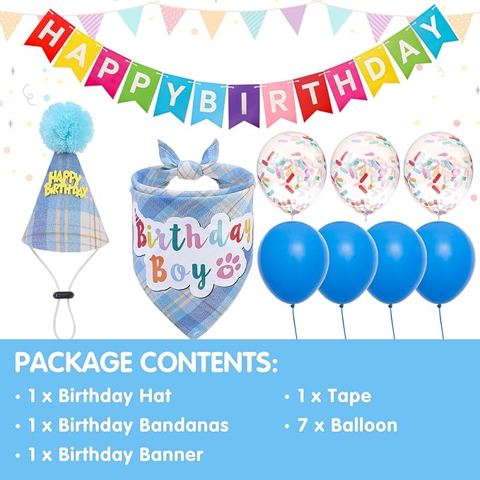 SCENEREAL Dog Birthday Bandana Hat Set, Puppy Birthday Party Supplies for Boys Dogs, Pet Birthday Scarf Outfit with Sign Banner and Balloons for Small Medium Large Dogs