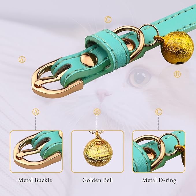 3 Pack Leather Cat Collars with Bells Soft Pet Safety Collar Kitten Collars with Bell Orange Yellow Mint Green(XS)