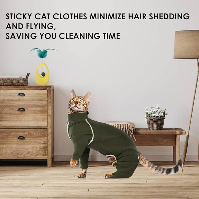Cat Hair Sticky Onesie - Army Green, XL - Cat Clothes: Male Pajamas, Anti-Licking Suit