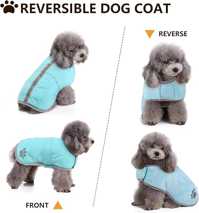 Queenmore Winter Coat, Fleece Puffer Down Vest, Cold Weather Pet Jacket, Waterproof Reflective Reversible Sweater Clothes for Small, Medium and Large Dogs (Light Blue, S)
