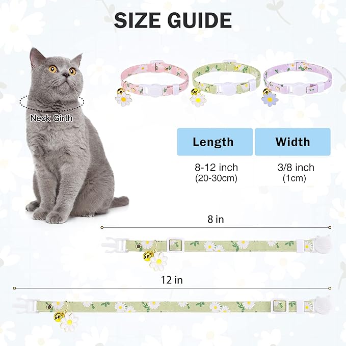 3 Pack Breakaway Cat Collars with Bell- Daisy Pendant Spring Cat Collar for Girl Boy Cats with Safety Buckle- Cute Kitten Collar Adjustable 8"-12" for Kitty Puppy Small Pets