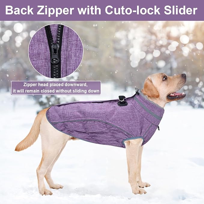Malier Dog Coat, Reflective Dog Jacket Waterproof Windproof Puppy Cold Weather Coats with Harness Built in, Winter Extra Warm Pet Coat Fleece Vest for Small Large Pets and Puppy (Purple, X-Large)