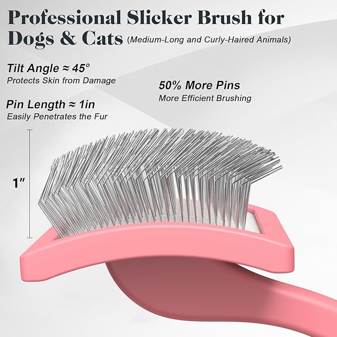 2PCS Slicker Brush for Dogs & Pet Comb,Professional Dog Grooming Brush (Goldendoodles,Poodles,Labradoodles) with Extra Long Pins to Effectively Remove Tangles, Knots and Mats (Light Pink Large)