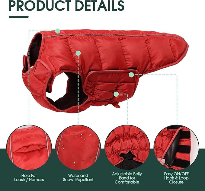 Kuoser Dog Puffer Jacket Warm Dog Coat for Large Dogs, Windproof Reflective Pet Padded Vest Cold Weather Clothes Puppy Snowsuit with Hook & Loop Coats, Easy On/Off, Red XL