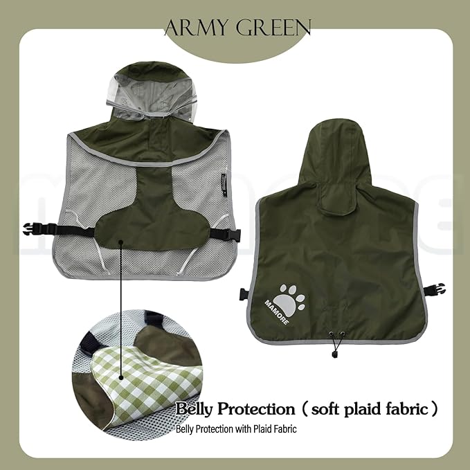 MAMORE Dog Raincoat Hooded Rain Jacket for Small Medium Large Dogs Slicker Poncho Bottom Waterproof Adjustable Reflective Breathable Leash Hole (Army Green, Medium)