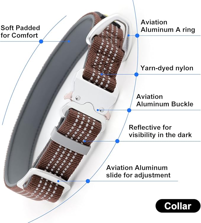 Plutus Pet Reflective Dog Collar with Aviation Aluminum Buckle, Neoprene Padded for Comfort, Lightweight, Heavy Duty Nylon Collar for Puppy Small Medium Large Dogs (Chocolate, M)