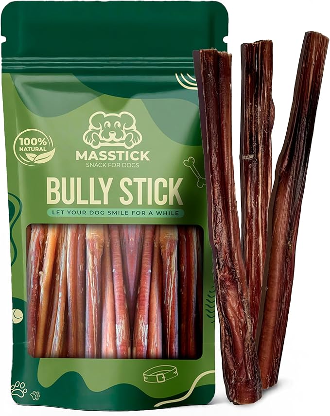 MASSTICK Bully Sticks for Dogs 7 Inch – Extra Thick, Long Lasting, Odor Free Beef Dog Chew Sticks – All Natural, Fully Digestible Treats for Small & Large Dogs – 8oz Bag