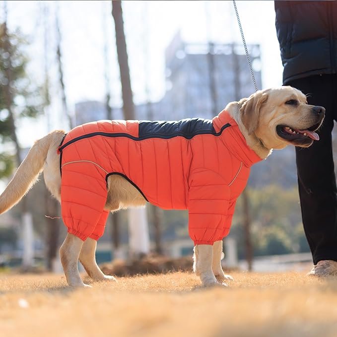 Warm Dog Coat, 4 Legs Covered Waterproof Windproof Reflective Vest, Zippered Adjustable Outdoor Snow Jacket for Small Medium Large Dogs, Orange M