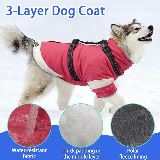 MIGOHI Dog Coat with Harness Built in, 2-in-1 Windproof Dog Winter Jacket, Thermal Reflective Snowsuit with Turtleneck, Back Zipper Fleece Coat for Small Dogs, Chihuahua, Pink, XS
