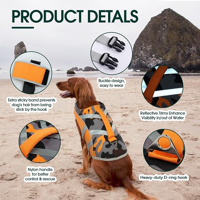 Kuoser Dog Life Jacket, High Visibility Ripstop, Adjustable for Medium Dogs, OrangeCamo