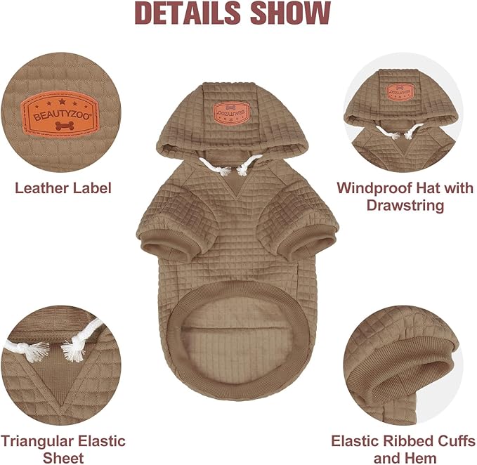 BEAUTYZOO Small Dog Hoodie Sweater with Pockets, Dog Clothes for Small Medium Dogs Boy Girl, Waffle-Like Laminated Cotton Pet Coats with Hat and Leash Hole, Khaki ML