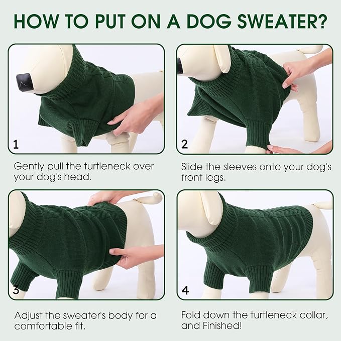 Dog Sweaters for Large Dogs Classic Turtleneck Dog Christmas Sweater Thick Warm Pullover Male Puppy Pet Stretch Knitwear Fall Winter Clothes with Leash Hole(Green, L)