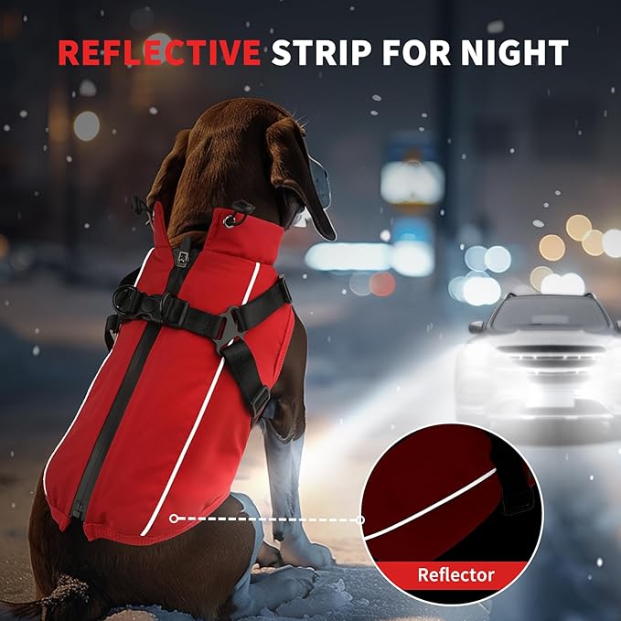Dog Winter Coat Reflective Water-Resistant Jacket, Fleece Lined Windproof Puppy Coat with Back Zipper & D-Ring, Cold Weather Dog Coats for Small Medium Large Dogs (XL, Red)