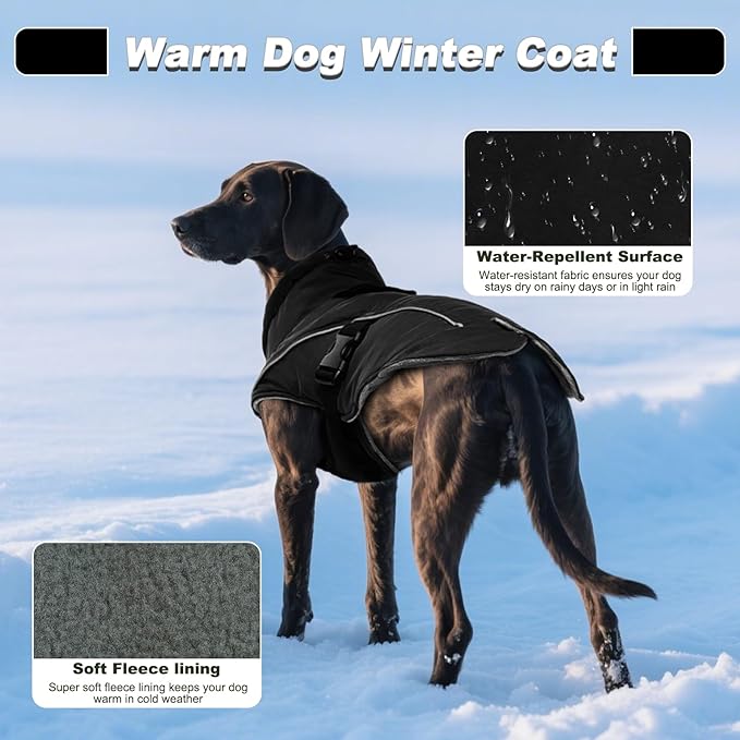 DENTRUN Large Dog Winter Coat - Windproof Reflective Warm Coat, Adjustable Neck & Snap Closure, Water Repellent Thick Fleece Vest, Fleece Lined for for Golden Retriever, Black, XL