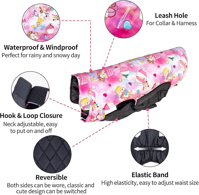CuteBone Winter Dog Coat - Waterproof Windproof Reversible Vest, Thick Adjustable Cold Weather Jacket for Small Medium Large Dogs, Soft With Leash Hole