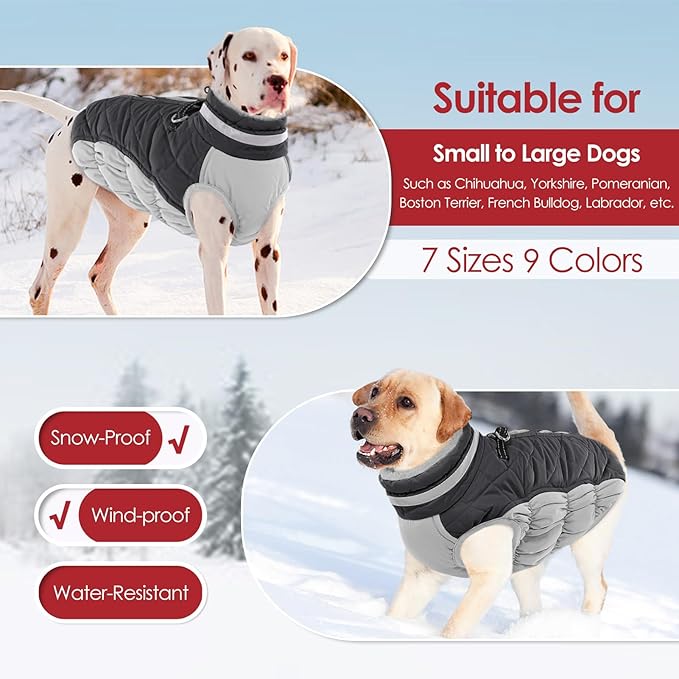 AOFITEE Dog Coat, Warm Dog Winter Coat, Reflective Turtleneck Large Dogs Jacket with Harness Built in, Turtleneck Pet Winter Jacket, Waterproof Pet Snow Jackets Fleece Vest, Grey XL