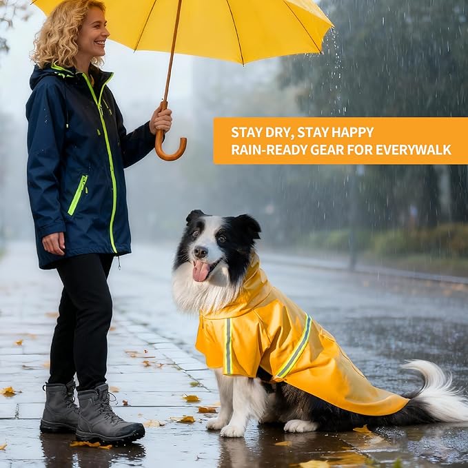 Dog Raincoat, Waterproof Windproof Dog Rain Jacket Adjustable, Rain Coat with Leash Hole, Reflective Strap Raincoat Poncho for Small Medium Large Dogs Outdoor (Reflection-Yellow, X-Large)
