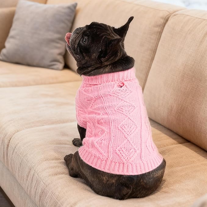 PUPTECK Dog Sweater, Turtleneck Warm Knitted Pullover Coat, Thick Cable Knitwear Clothes in Winter, Pet Apparel Outfits for Large Dogs, for Cold Weather Indoor & Outdoor, Pink ML