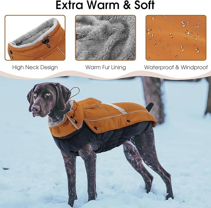 Queenmore Warm Fleece Dog Jacket, Cold Weather Waterproof Dog Snow Jacket with Leash Hole, Reflective Turtleneck Dog Snow Jacket Snowsuit, Dog Warm Coat for Small Medium& Large Dogs(Brown,2XL)