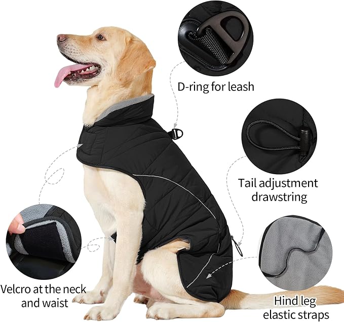 HEYWEAN Dog Winter Coat - Waterproof Windproof Reflective Vest for Medium & Large Breeds Adjustable Warm FleeceLined Jacket with Magic Tape & D-Ring for Leash Cold Weather Apparel (Black, Small)