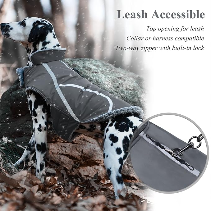 VIVAGLORY Frostfit Dog Coat, Dog Jacket for Winter & Cold Weather, Warm Fluffy Fleece Lined Water Resistant Reflective for Puppy, Coat with Velcro Fastening & Leash Hole, M+, Grey