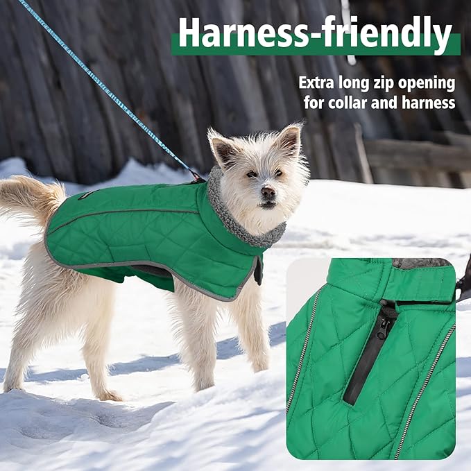 Fragralley Dog Coat Small, Waterproof Dog Jacket with Warm Fleece Lining, Adjustable Reflective Dogs Winter Coat, Turtleneck Pet Coats for Cold Weather (Green S)