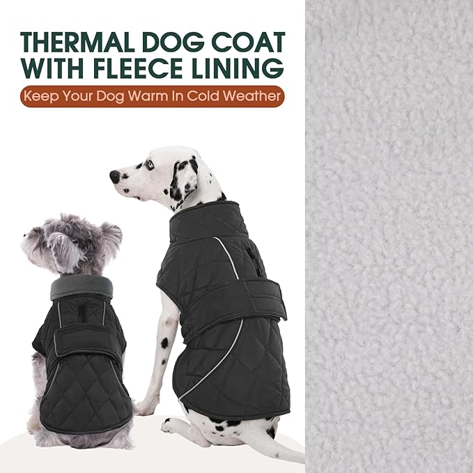 Kuoser Super-Warm Fleece Dog Jacket, Christmas Dog Coat Quilted Thermal Turtleneck Puppy Snowsuit, Windproof & Reflective Pet Winter Clothes for Large Dogs, Dark Grey 2XL