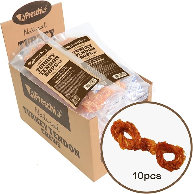 AFreschi Turkey Tendons for Dogs, USA-Sourced, Healthy Dog Treats, Rawhide-Free Puppy Chews, Long Lasting, All Natural, Hypoallergenic Dog Treats for Large Breeds, 10 Count Box Rope (L)