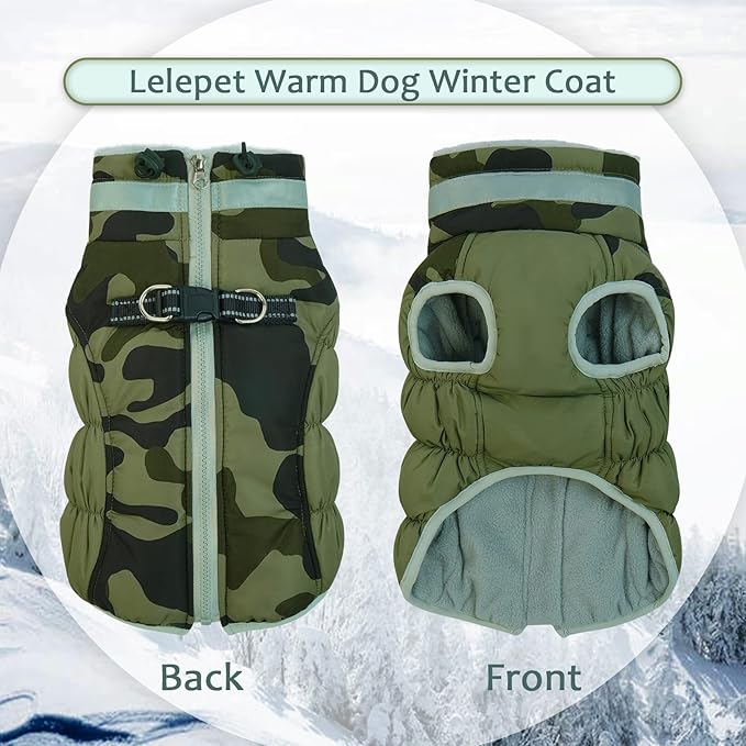 Lelepet Dog Coat Warm Dog Winter Coat Waterproof Dogs Jacket with Harness Built in Reflective Pet Fleece Vest Zip-Up Cold Weather Coats for Large Dogs Turtleneck Windproof Boston Terrier Green Camo L