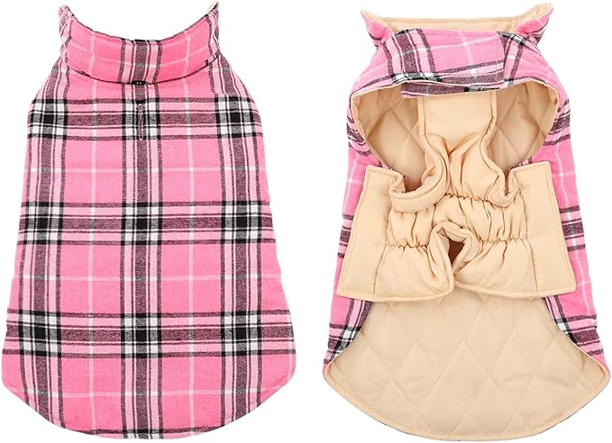 MIGOHI Winter Dog Jackets, Reversible Windproof Waterproof, British Plaid Coat for Small Medium Large Dogs, Pink, L