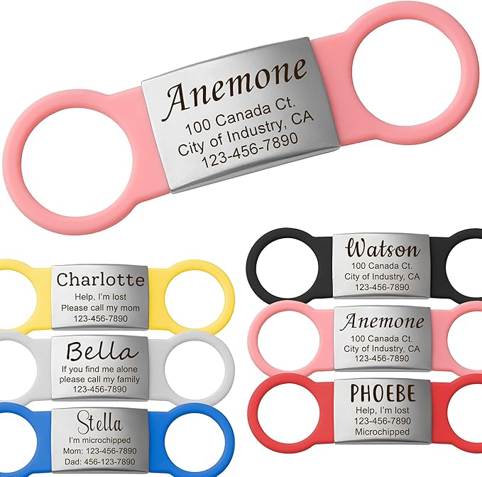 Anavia Slide On Silent Pet ID Tags, S/M/L/XL Personalized Multi-Color Silicone Band Cat Dog Name Tags, Customized Engraved Stainless Steel, Chew-Proof Quiet Dog Collar Tags (Small, Pink)