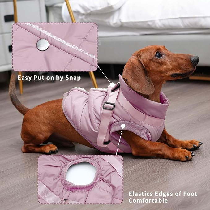 Dog Jacket with Harness,Fleece Lined Warm Puppy Coat for Winter,Soft Windproof Large Dog Vest,Light Pink XXXL