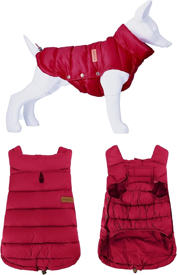 SPACE LION Dog Puffer Jacket, Down Winter Coat, Durable Outdoor Coat for Cold and Windy Conditions, Waterproof, Lightweight Jacket, Adjustable Fit for Small, Medium, Large Dogs(Red,10/S)