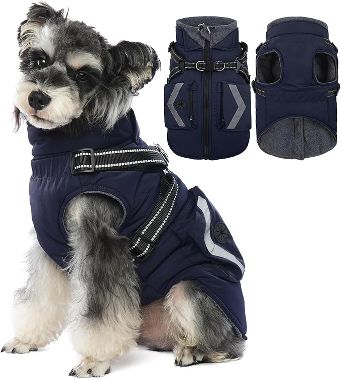 FUAMEY Small Winter Coat for Dogs with Harness, Thermal Dog Jackets Reflective Vest, Warm Clothes Puppy Cover for Cold Weather, Turtleneck Puppies Outfits Zip Up, Bichon Frise (Dark Blue, S)