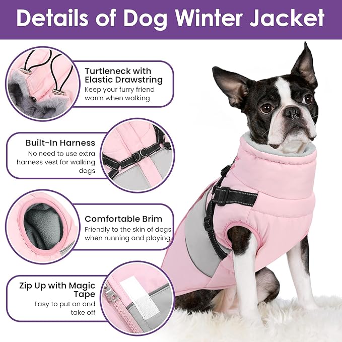 SUNFURA Small Dog Coat with Harness Built in, Warm Dog Jacket Winter with Zipper On Back, Waterproof Pet Snow Jacket Snowsuit Pet Sweater Clothes for Schnauzer, Yorkshire Terrier, Pink S