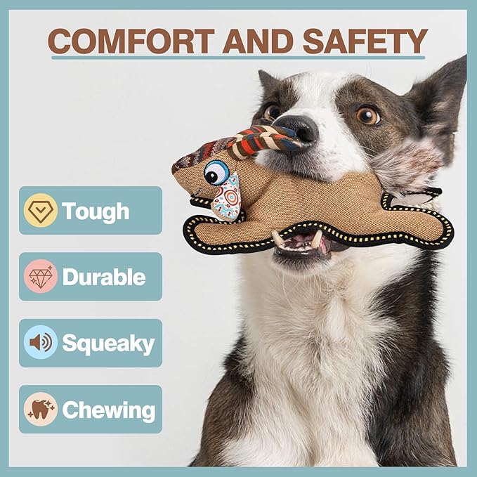 Tough Durable Squeaky Dog Toys for Aggressive chewers Interactive to Keep Them Busy, Funny Plush Dogs Toy for Small Medium Large Chewer Cute Birthday Gift (Antelope)